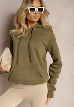 Ciemnozielona Klasyczna Bluza z Kapturem ze Ściągaczem Mozartia