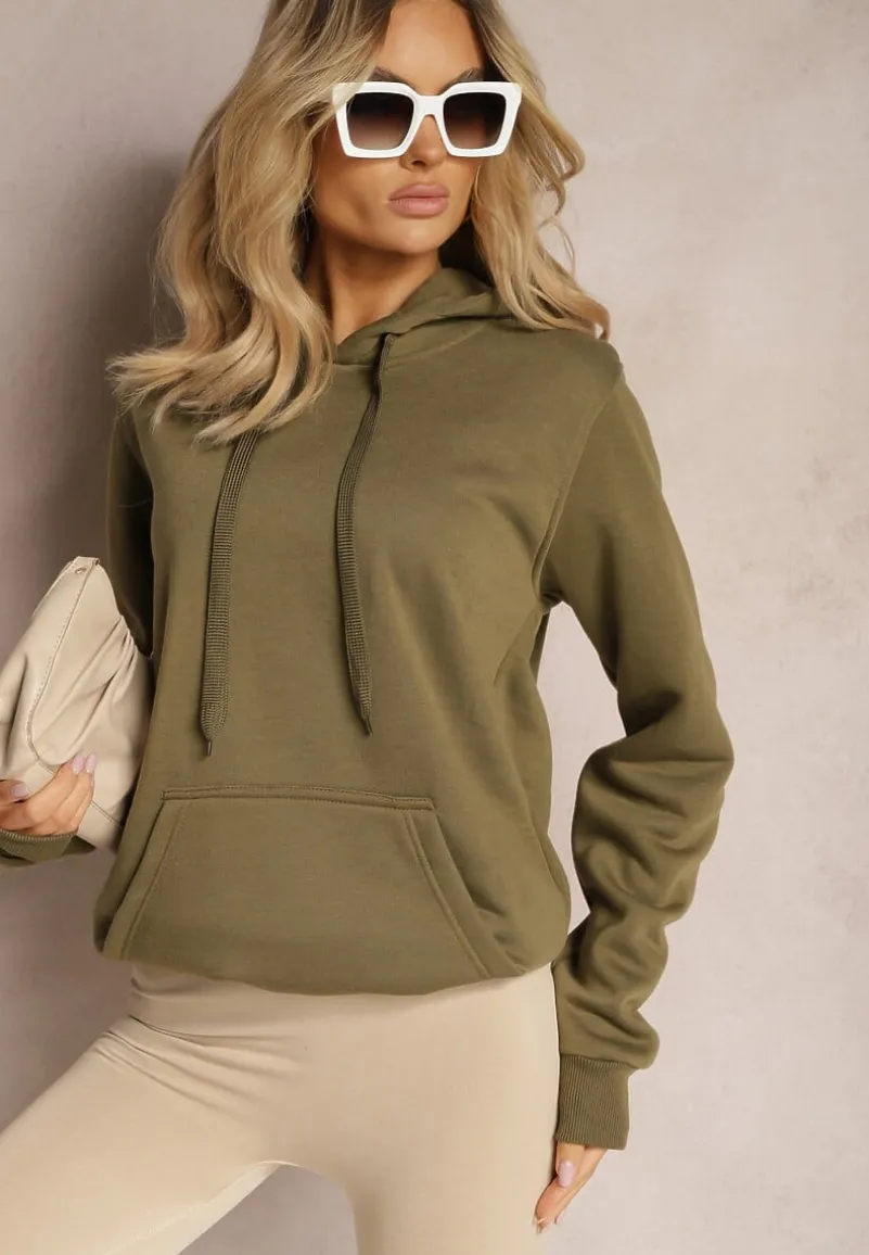 Ciemnozielona Klasyczna Bluza z Kapturem ze Ściągaczem Mozartia