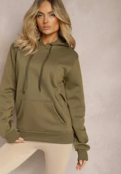 Ciemnozielona Klasyczna Bluza z Kapturem ze Ściągaczem Mozartia