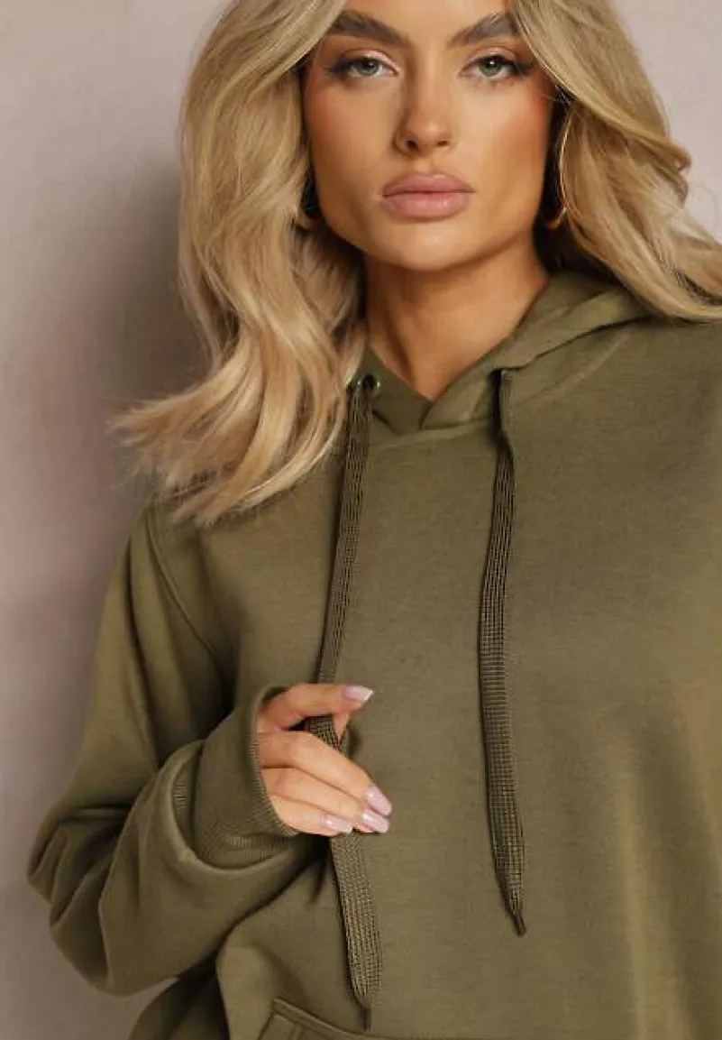 Ciemnozielona Klasyczna Bluza z Kapturem ze Ściągaczem Mozartia