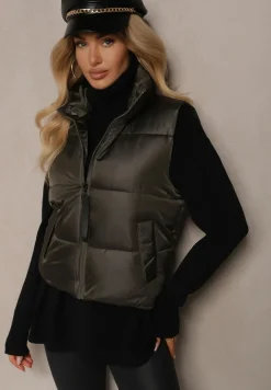 Ciemnozielona Klasyczna Kamizelka z Pikowanymi Przeszyciami i Stójką Zinnovea