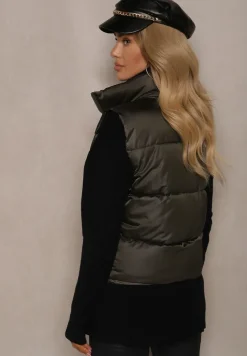 Ciemnozielona Klasyczna Kamizelka z Pikowanymi Przeszyciami i Stójką Zinnovea