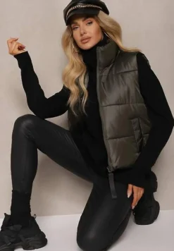 Ciemnozielona Klasyczna Kamizelka z Pikowanymi Przeszyciami i Stójką Zinnovea