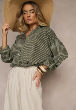 Ciemnozielona Koszula z Dodatkiem Bawełny Ozdobiona Paskami Meridria