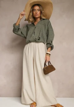 Ciemnozielona Koszula z Dodatkiem Bawełny Ozdobiona Paskami Meridria