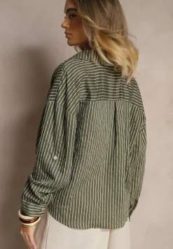 Ciemnozielona Koszula z Dodatkiem Bawełny Ozdobiona Paskami Meridria