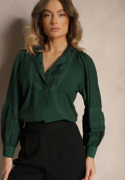 Ciemnozielona Koszula z Koronką i Szerokim Rękawem Versina