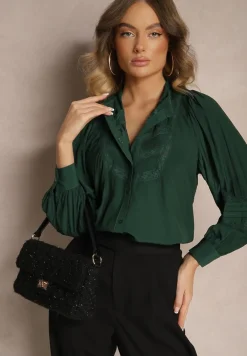 Ciemnozielona Koszula z Koronką i Szerokim Rękawem Versina