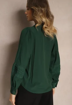 Ciemnozielona Koszula z Koronką i Szerokim Rękawem Versina
