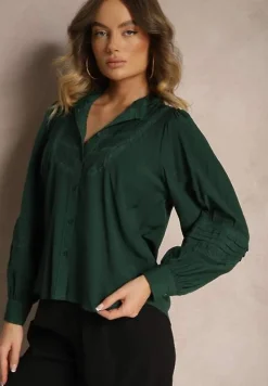 Ciemnozielona Koszula z Koronką i Szerokim Rękawem Versina