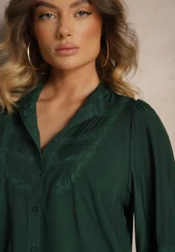 Ciemnozielona Koszula z Koronką i Szerokim Rękawem Versina