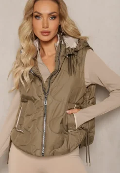 Ciemnozielona Krótka Kamizelka z Odpinanym Kapturem i Ozdobnym Pikowaniem Zalindas