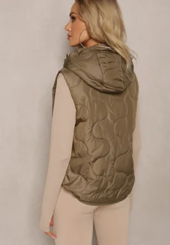 Ciemnozielona Krótka Kamizelka z Odpinanym Kapturem i Ozdobnym Pikowaniem Zalindas