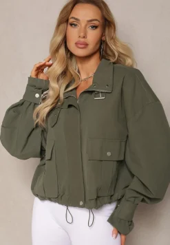 Ciemnozielona Krótka Kurtka z Luźnymi Rękawami i Paskiem ze Sprzączką przy Dekolcie Inanna
