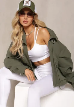 Ciemnozielona Krótka Kurtka z Luźnymi Rękawami i Paskiem ze Sprzączką przy Dekolcie Inanna