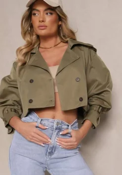 Ciemnozielona Kurtka Dwurzędowa Stylizowana na Krótki Trencz z Wiskozy i Bawełny Feldexia