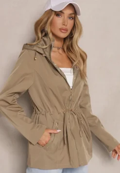 Ciemnozielona Kurtka Dwustronna o Kroju Parki z Kapturem z Możliwością Odpięcia Amoine