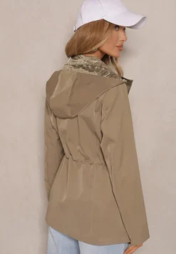 Ciemnozielona Kurtka Dwustronna o Kroju Parki z Kapturem z Możliwością Odpięcia Amoine