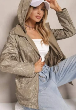 Ciemnozielona Kurtka Dwustronna o Kroju Parki z Kapturem z Możliwością Odpięcia Amoine