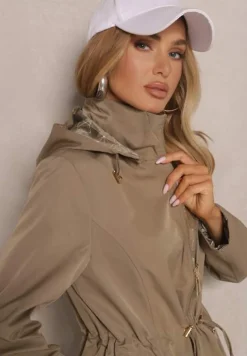 Ciemnozielona Kurtka Dwustronna o Kroju Parki z Kapturem z Możliwością Odpięcia Amoine