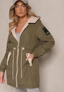 Ciemnozielona Kurtka o Kroju Parki z Kapturem i Ściągaczem w Talii Zizana