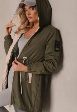 Ciemnozielona Kurtka o Kroju Parki z Kapturem i Ściągaczem w Talii Zizana