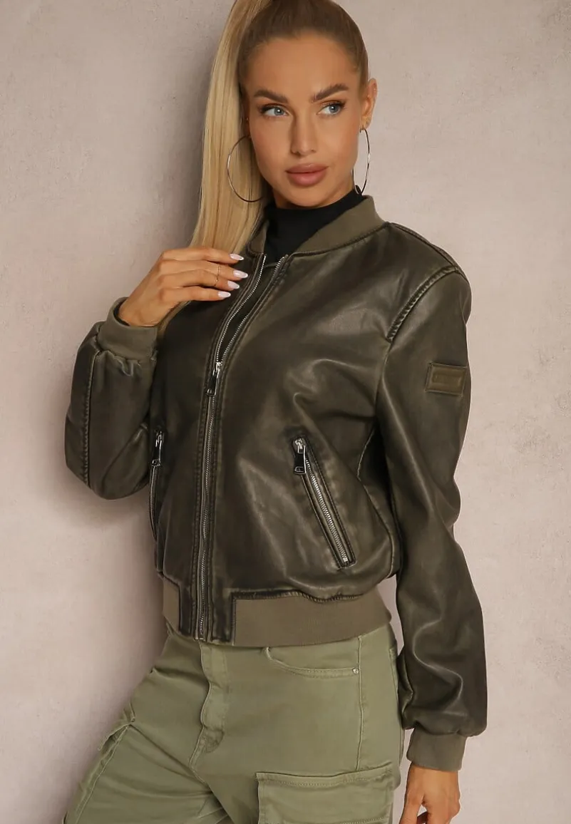 Ciemnozielona Kurtka o Kroju Bomberki z Ekoskóry ze Ściągaczami i Kieszeniami Laonikas