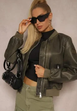 Ciemnozielona Kurtka o Kroju Bomberki z Ekoskóry ze Ściągaczami i Kieszeniami Laonikas