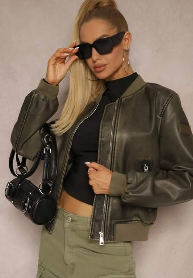 Ciemnozielona Kurtka o Kroju Bomberki z Ekoskóry ze Ściągaczami i Kieszeniami Laonikas