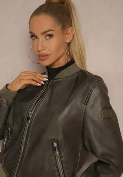 Ciemnozielona Kurtka o Kroju Bomberki z Ekoskóry ze Ściągaczami i Kieszeniami Laonikas