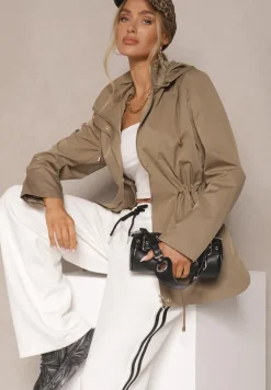 Ciemnozielona Kurtka o Kroju Parki z Odpinanym Kapturem i Ściągaczem Elanorian