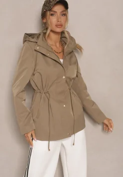 Ciemnozielona Kurtka o Kroju Parki z Odpinanym Kapturem i Ściągaczem Elanorian