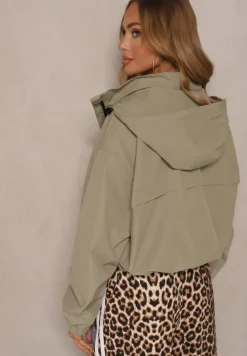 Ciemnozielona Kurtka Oversize w Sportowym Stylu z Kapturem i Ściągaczem w Pasie Volnea