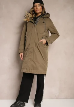 Ciemnozielona Kurtka Parka o Pudełkowym Kroju z Kapturem i Kieszeniami Kaionna