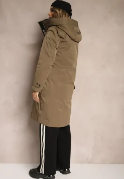 Ciemnozielona Kurtka Parka o Pudełkowym Kroju z Kapturem i Kieszeniami Kaionna