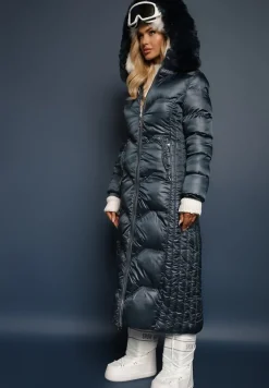 Ciemnozielona Kurtka Płaszcz z Ozdobnym Pikowaniem z Kapturem z Futerkiem i Marszczeniami Larian