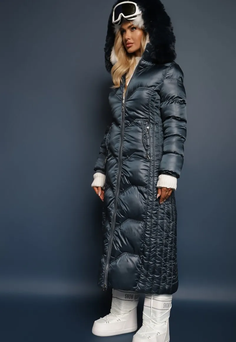 Ciemnozielona Kurtka Płaszcz z Ozdobnym Pikowaniem z Kapturem z Futerkiem i Marszczeniami Larian