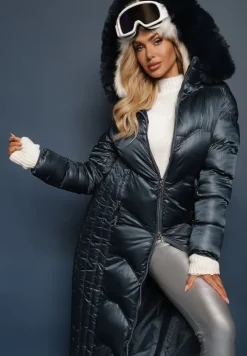 Ciemnozielona Kurtka Płaszcz z Ozdobnym Pikowaniem z Kapturem z Futerkiem i Marszczeniami Larian