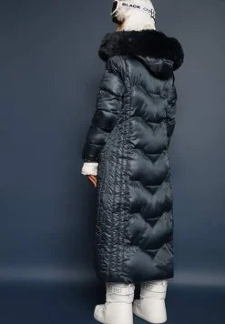 Ciemnozielona Kurtka Płaszcz z Ozdobnym Pikowaniem z Kapturem z Futerkiem i Marszczeniami Larian