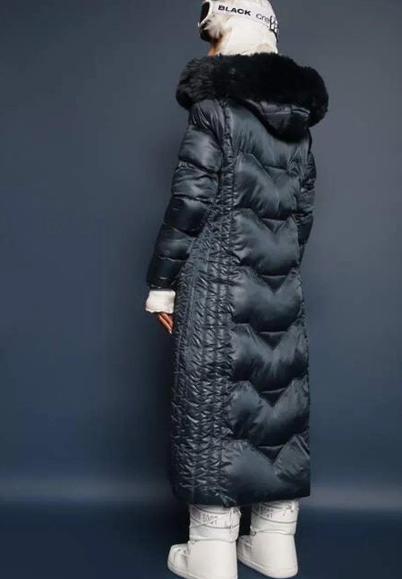 Ciemnozielona Kurtka Płaszcz z Ozdobnym Pikowaniem z Kapturem z Futerkiem i Marszczeniami Larian