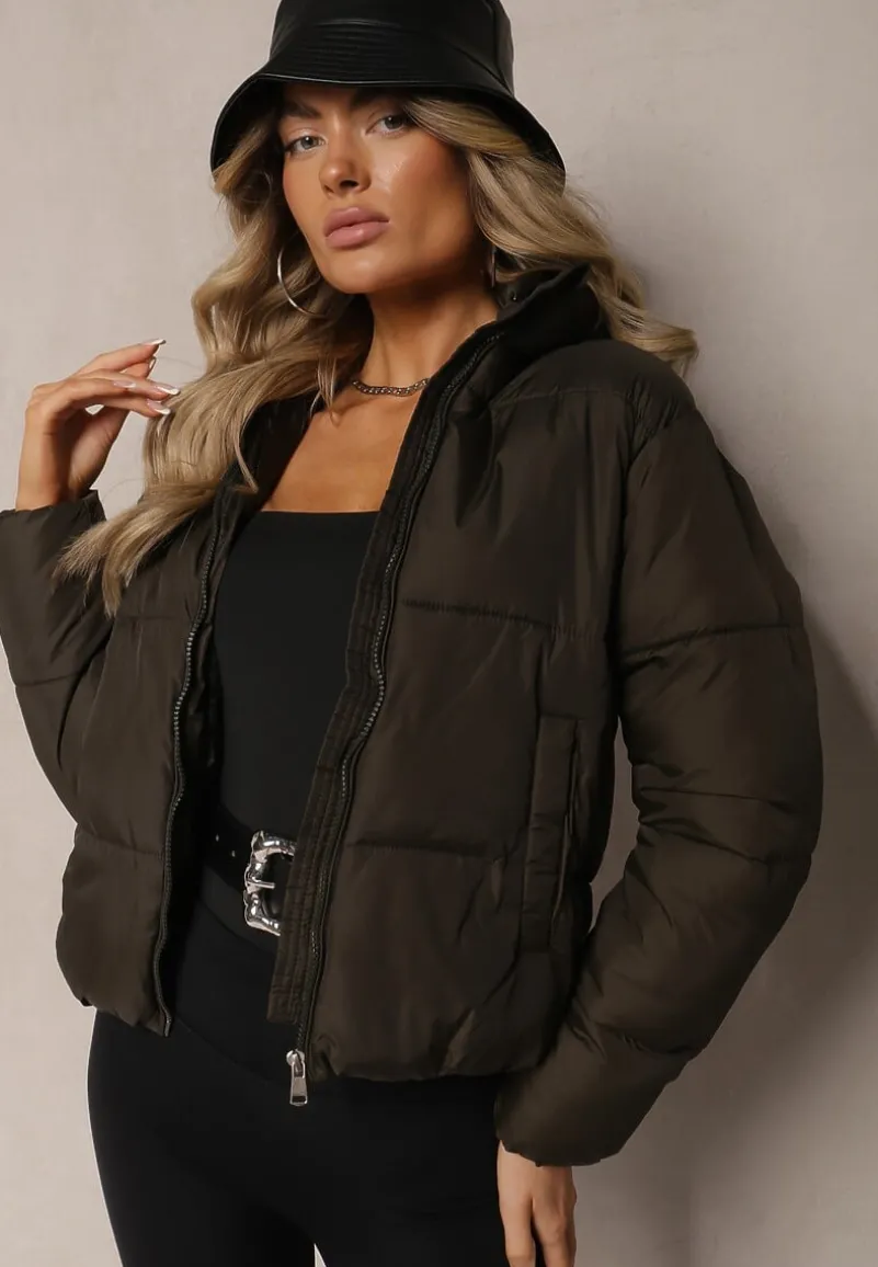 Ciemnozielona Kurtka Pikowana Wykończona Kapturem Aviatoria