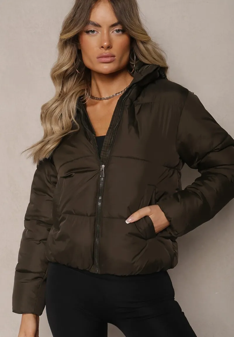 Ciemnozielona Kurtka Pikowana Wykończona Kapturem Aviatoria