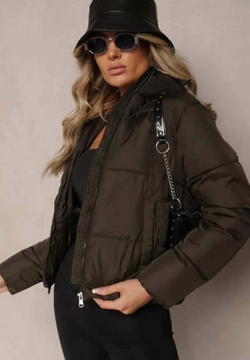 Ciemnozielona Kurtka Pikowana Wykończona Kapturem Aviatoria