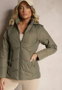 Ciemnozielona Kurtka Pikowana z Kapturem z Możliwością Odpięcia Felathra