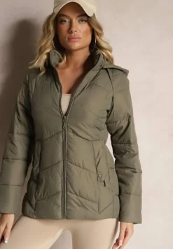 Ciemnozielona Kurtka Pikowana z Kapturem z Możliwością Odpięcia Felathra