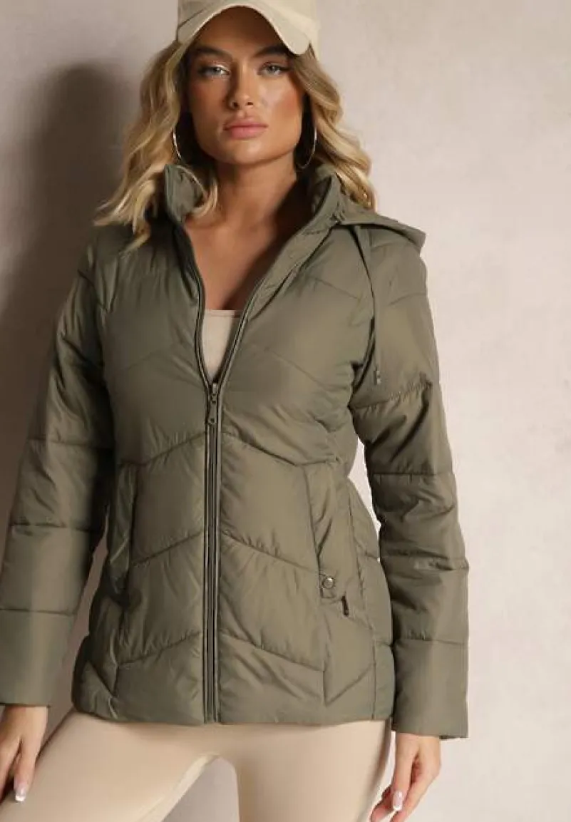 Ciemnozielona Kurtka Pikowana z Kapturem z Możliwością Odpięcia Felathra