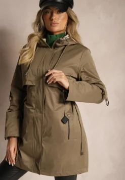 Ciemnozielona Kurtka Typu Parka ze Wzorzystymi Wstawkami w Kapturze i Podpinanych Rękawach Kailenna