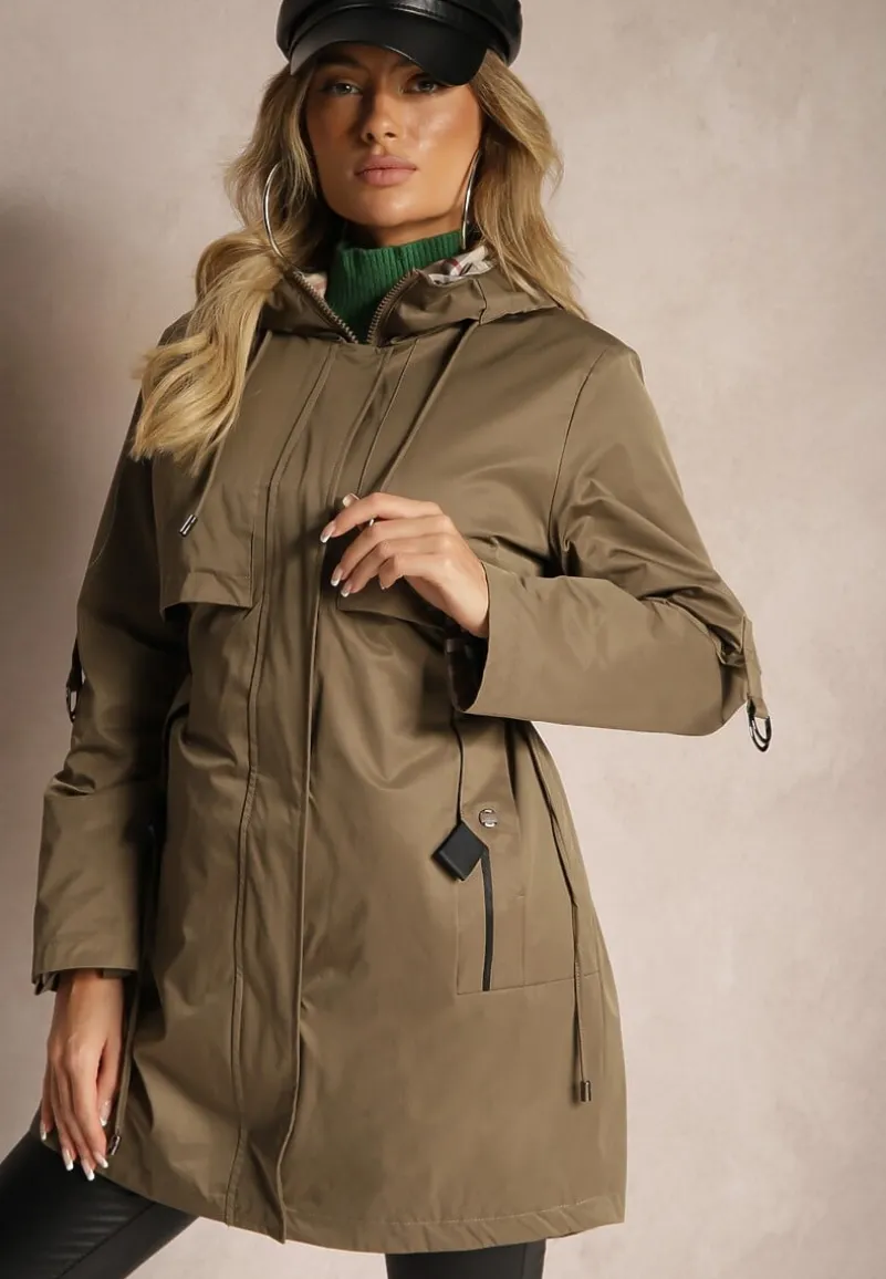 Ciemnozielona Kurtka Typu Parka ze Wzorzystymi Wstawkami w Kapturze i Podpinanych Rękawach Kailenna