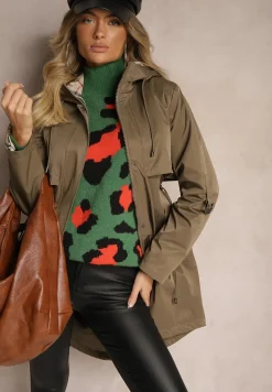 Ciemnozielona Kurtka Typu Parka ze Wzorzystymi Wstawkami w Kapturze i Podpinanych Rękawach Kailenna