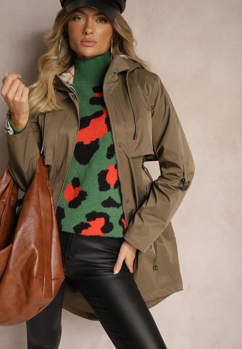 Ciemnozielona Kurtka Typu Parka ze Wzorzystymi Wstawkami w Kapturze i Podpinanych Rękawach Kailenna